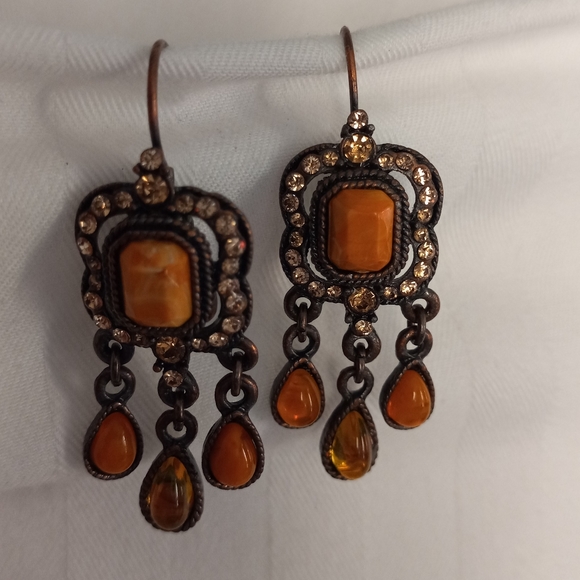 Vintage Orange Stone Brown Cubic Zirconia Dangle Earrings with Clasp Backing - Picture 11 of 12